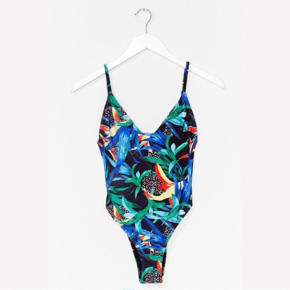 NWT Nasty Gal Back to 1999 Leaf Strappy One-Piece Swimsuit Black Green Size 10
